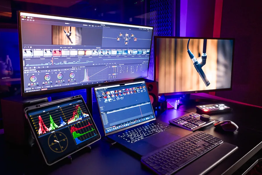 Cinematic colour grading suite for high-end vidcast production in Athens